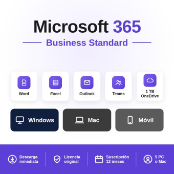 Microsoft 365 Business Standard - 5 PCs/MAC - Suscripción: 12 meses